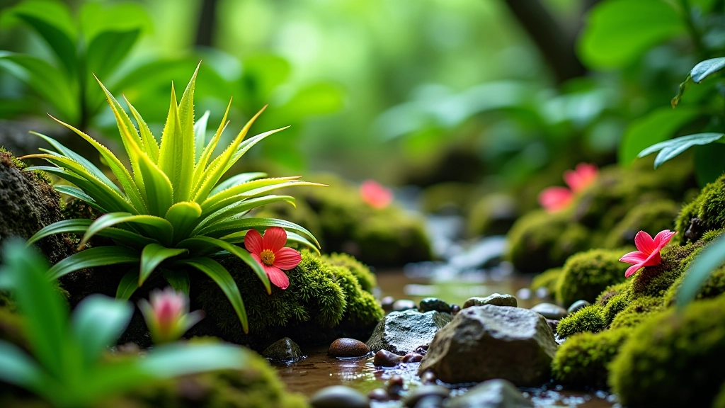 Detalle de flora subtropical: helechos, bromelias y flores silvestres con rocas cubiertas de musgo