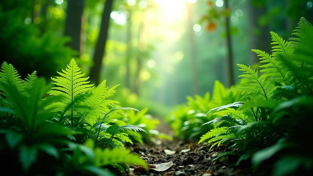 Sendero rodeado de helechos gigantes y vegetación exuberante con luz natural filtrada entre el dosel del bosque subtropical