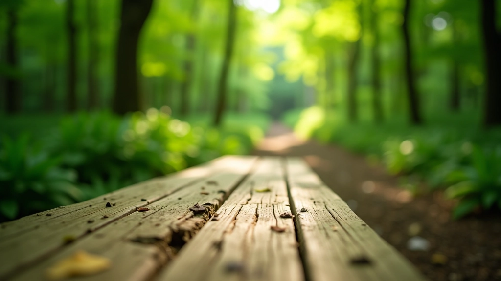 Detalle de banco de madera rústico en un sendero de selva tropical, con luz del sol filtrándose entre las hojas verdes