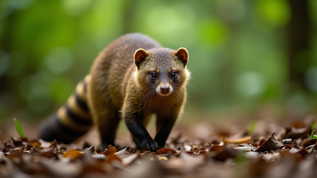 Coatí en el bosque subtropical caminando sobre hojarasca, cuerpo largo y cola rayada visible, luz natural del bosque
