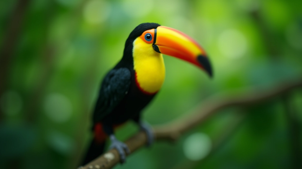 Tucán colorido descansando en rama de árbol tropical, detalle de su pico amarillo y negro, luz natural del bosque