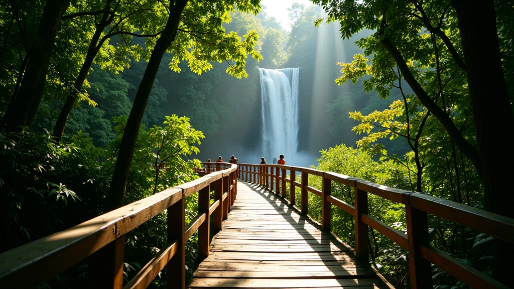 Pasarela de madera elevada en el bosque subtropical con cascada al fondo y luz natural