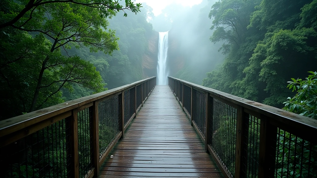 Detalle de pasarela de madera con barandas de seguridad en el bosque subtropical, mostrando el acceso accesible al nivel inferior de las cascadas