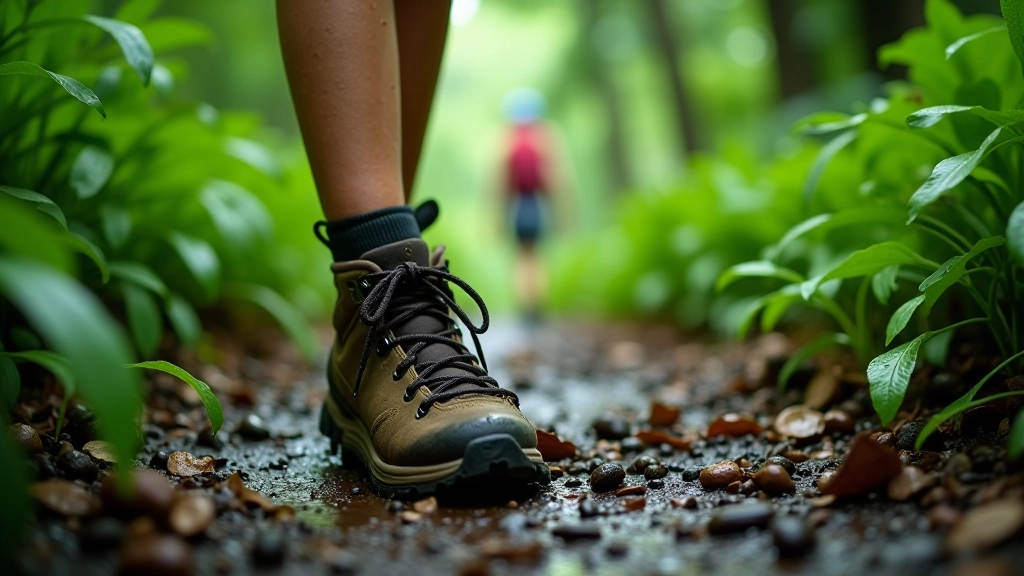 Primer plano de botas de trekking en sendero mojado rodeado de helechos gigantes y vegetación tropical