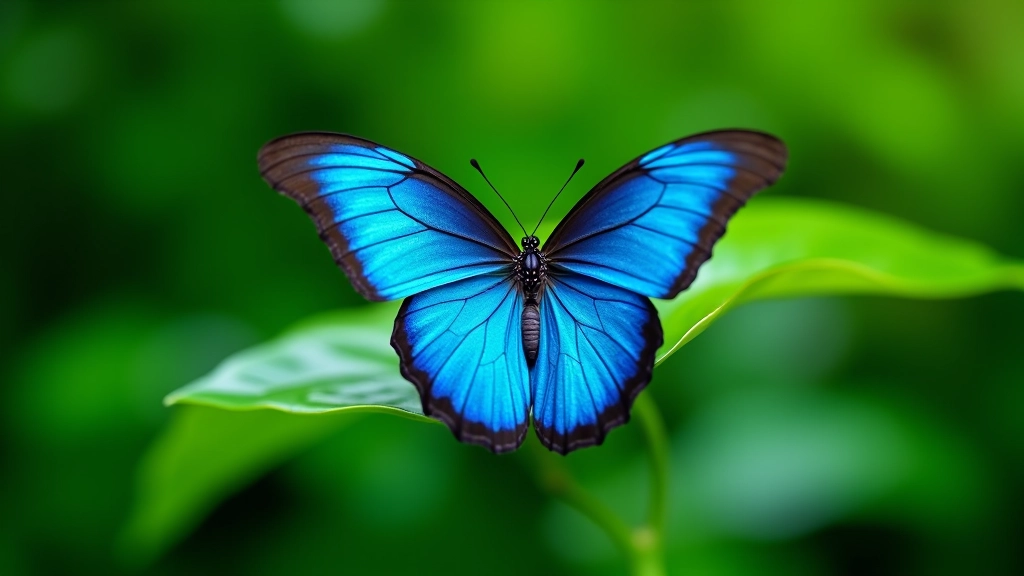 Mariposa azul iridiscente descansando sobre hoja verde, detalle de las alas con reflejos metálicos