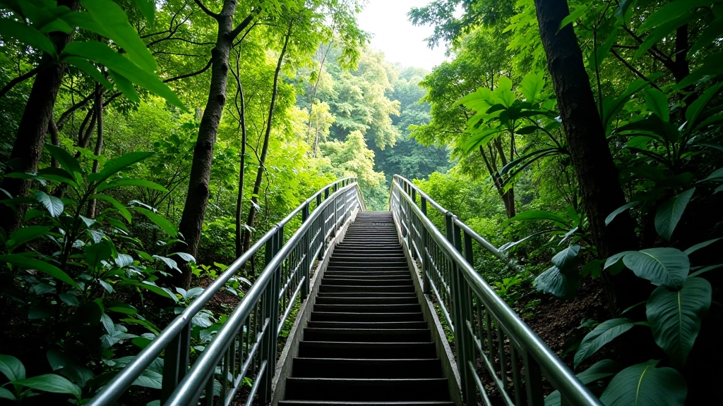 Escaleras metálicas zigzagueantes descendiendo entre la vegetación tropical hacia miradores inferiores