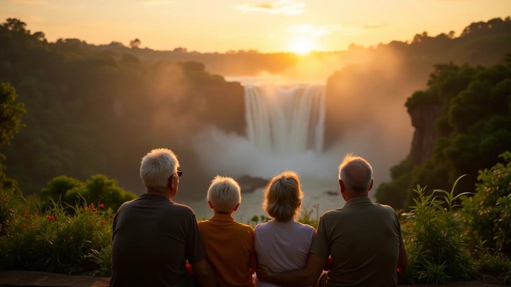 Grupo de personas descansando en un mirador con vista a las cascadas y vegetación subtropical al atardecer