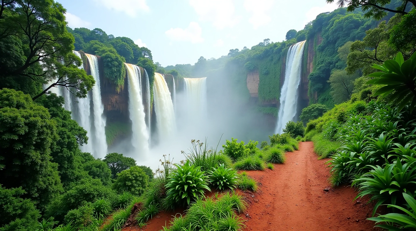 Vista panorámica de cascadas en el Parque Nacional Iguazú con bosque subtropical verde y sendero de tierra roja