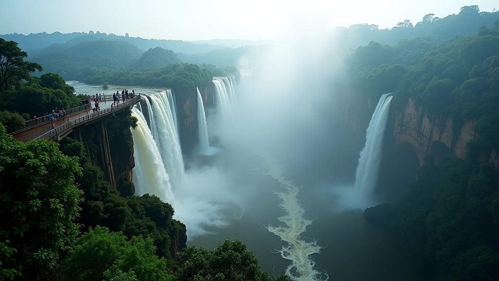 Mirador elevado con vistas panorámicas de las Cataratas de Iguazú desde la altura, vegetación subtropical en primer plano
