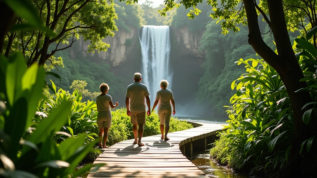 Grupo de personas mayores caminando en una pasarela de madera rodeada de selva subtropical con cascada de fondo
