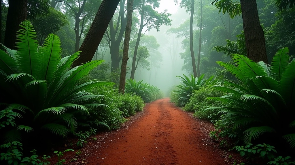 Sendero de tierra roja rodeado de vegetación subtropical densa con helechos gigantes y luz filtered del bosque