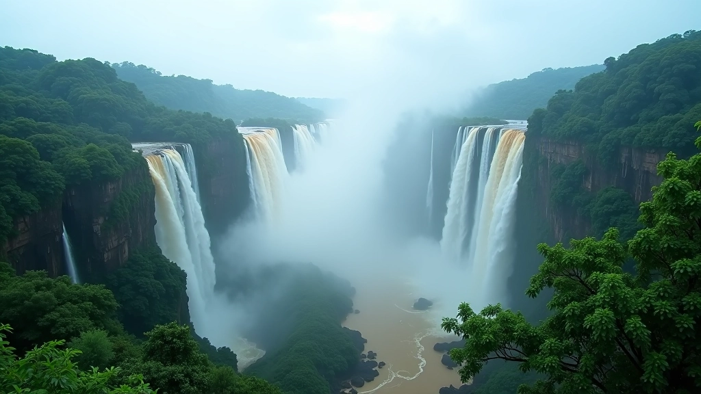 Vista panorámica desde un mirador de las cascadas de Iguazú con agua cayendo, rocas mojadas, arco iris visible en el rocío y densa selva subtropical