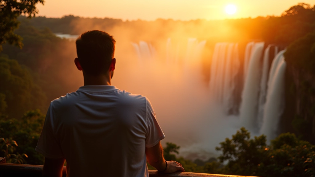 Atardecer en Iguazú con colores cálidos iluminando las cascadas, persona de espaldas observando la vista desde un mirador seguro