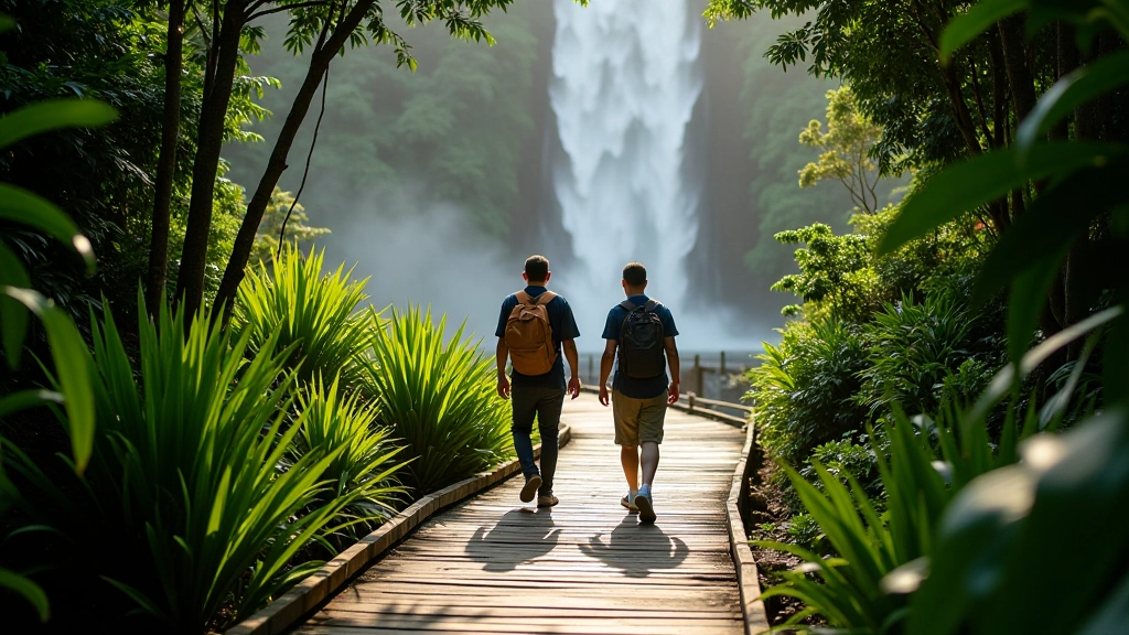Turistas caminando en fila por la pasarela inferior rodeados de vegetación subtropical densa, con cascadas visibles al fondo y luz natural que se filtra entre las hojas