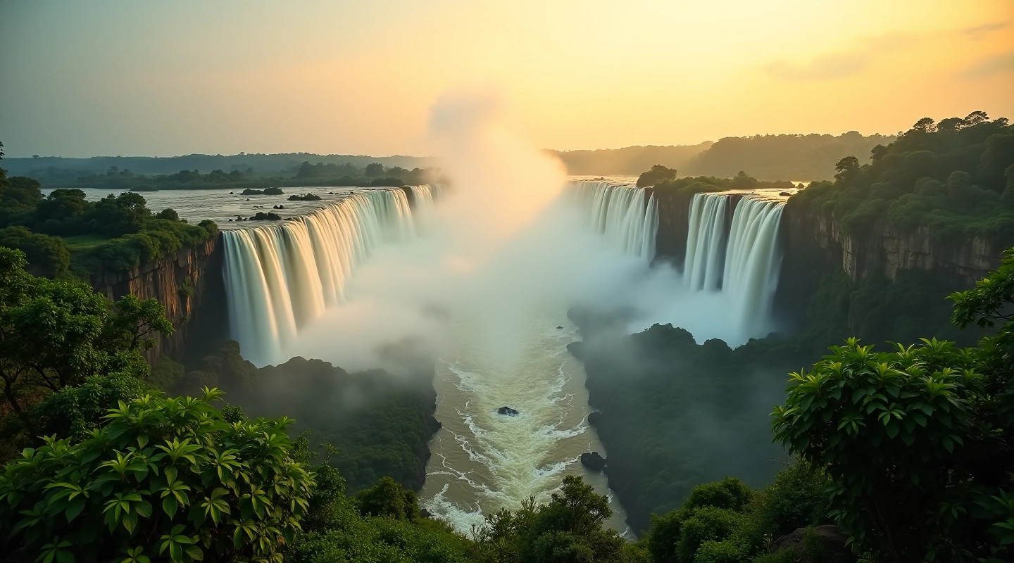 Vista panorámica de las cataratas de Iguazú con vegetación subtropical exuberante y vapor de agua en el aire