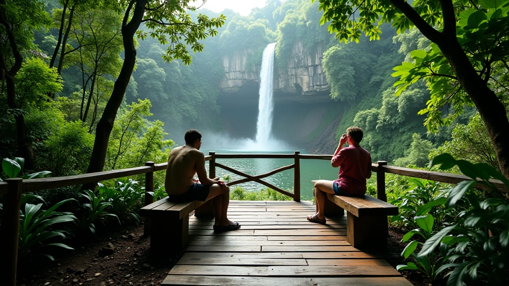 Personas descansando en un mirador con bancos, contemplando el paisaje de cascadas y bosque subtropical, luz natural suave filtrándose entre la vegetación