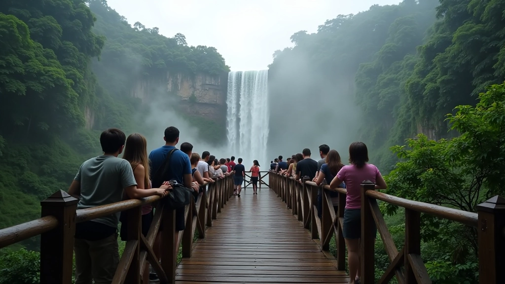 Plataforma de observación de madera con turistas contemplando las cataratas distantes entre la neblina del agua